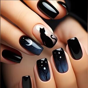 Brand New 24pcs Moon & Black Cat Design Press-On Nails